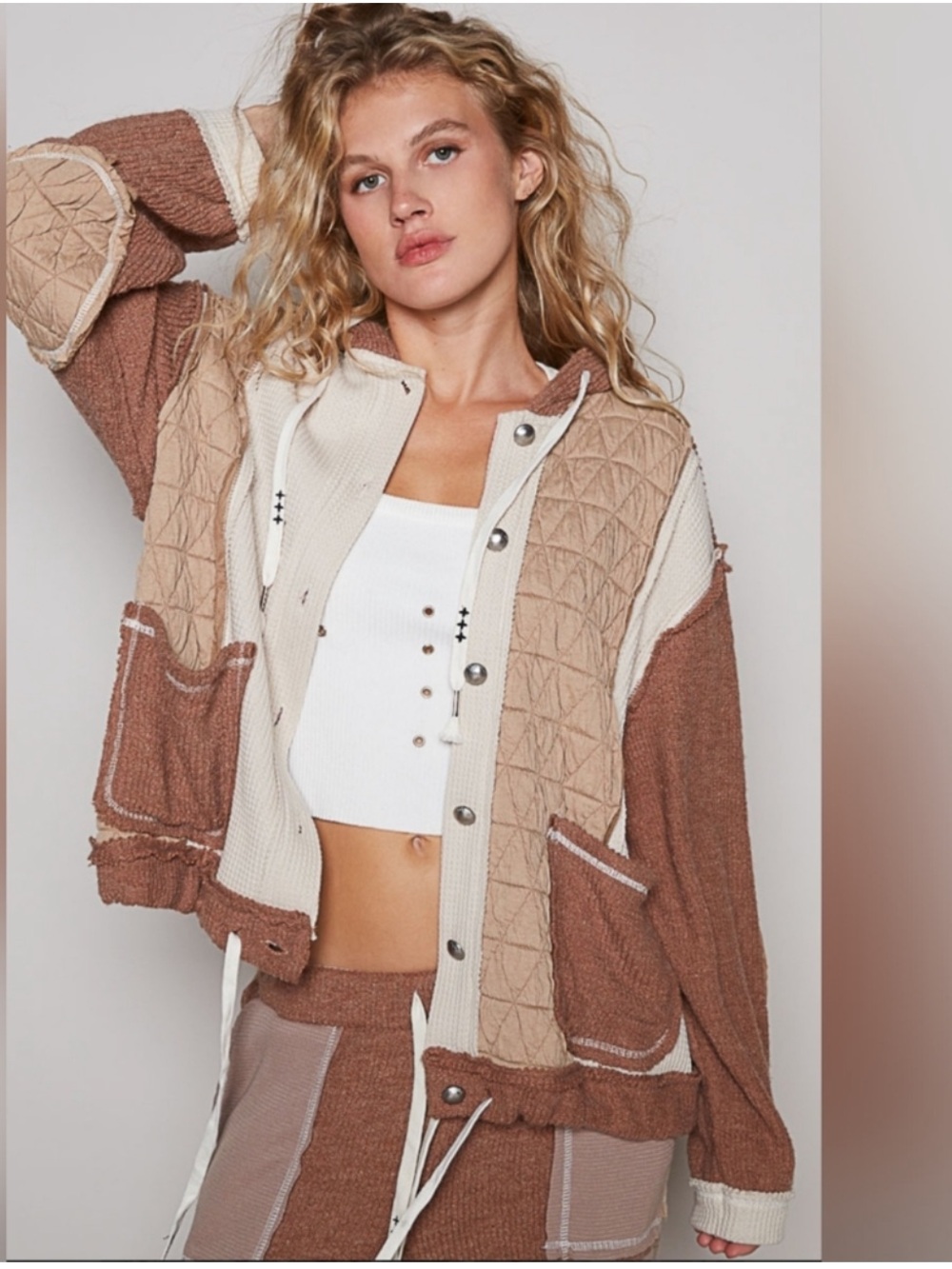POL Patchwork Quilted Thermal Knit Button Front Oversized Hooded Jacket• Large